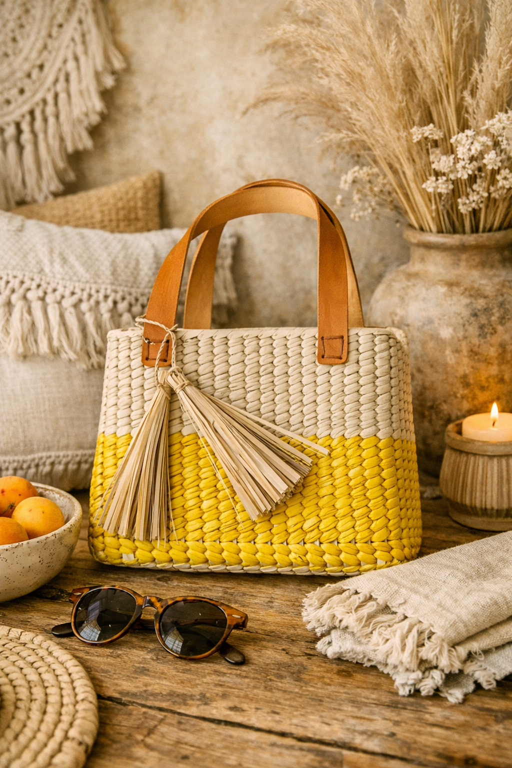 Bolsa Picnic Mini de Palma con Asa de Piel – Amarilla