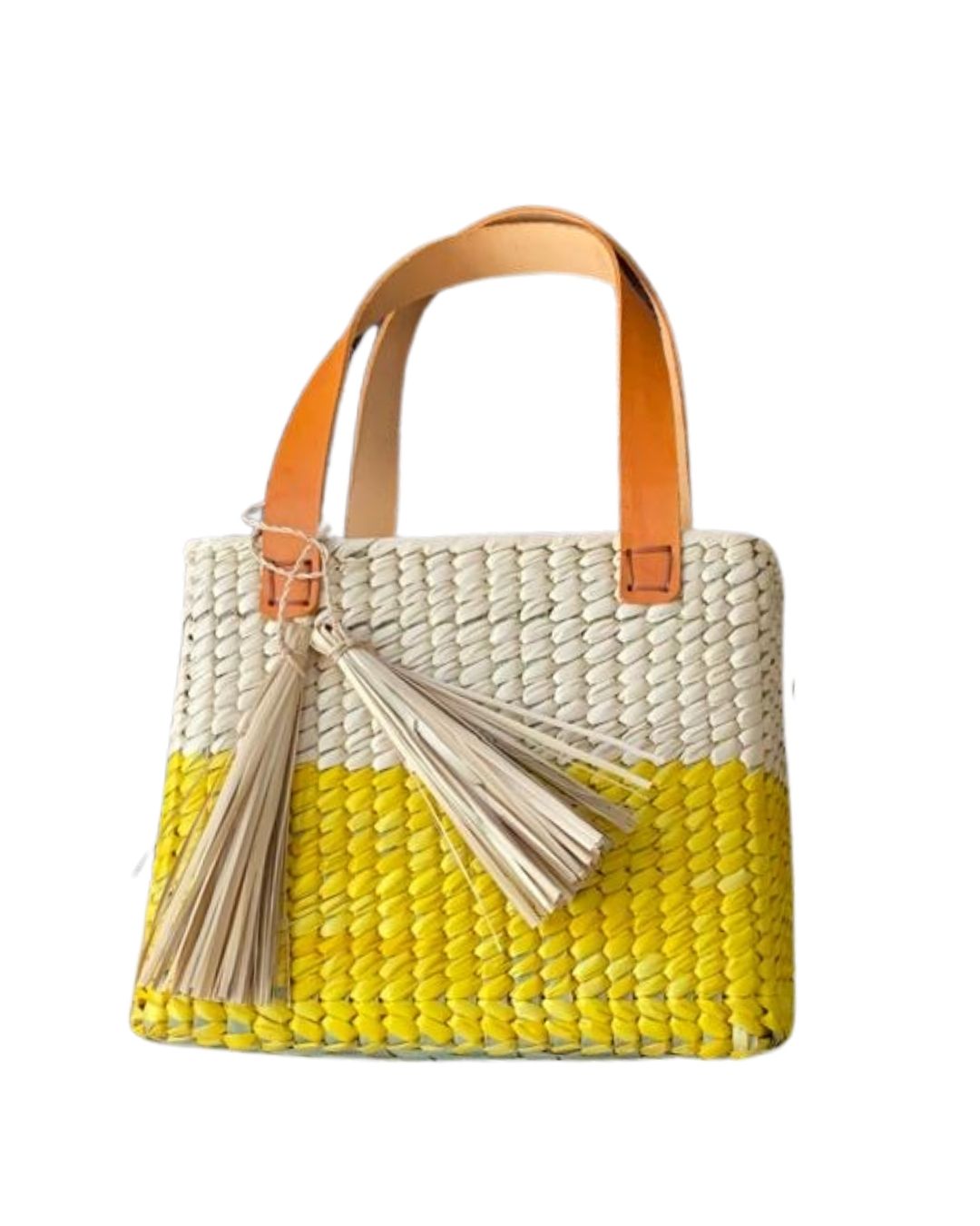 Bolsa Picnic Mini de Palma con Asa de Piel – Amarilla